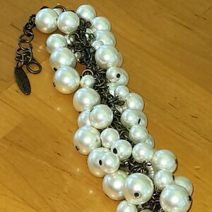 PLUNDER Faux Pearl Cluster Statement Bracelet Antique Bronze 10in 141g